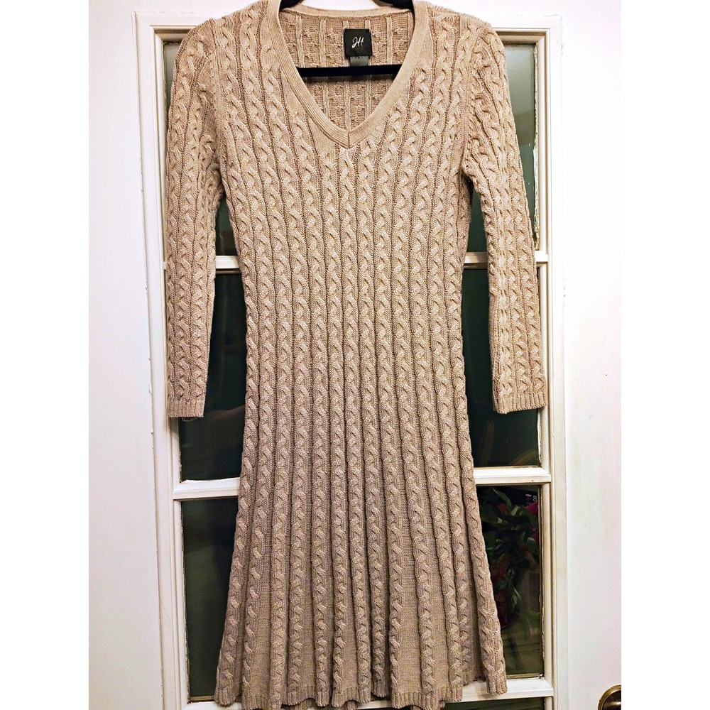 JH Women's Large Oatmeal Cable Knit Fit & Flare Sweater Dress V Neck